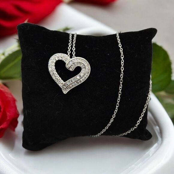 Silver CZ Heart Necklace Channel Set Baguette Open Heart Pendant Sparkly Pave - Picture 8 of 11